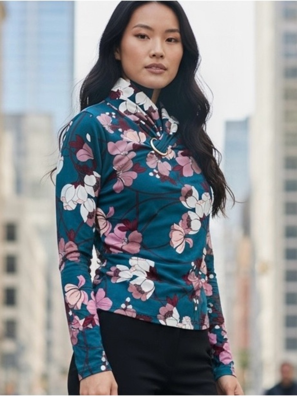 Liz Claiborne Teal Floral Mock-Neck Long Sleeve Top